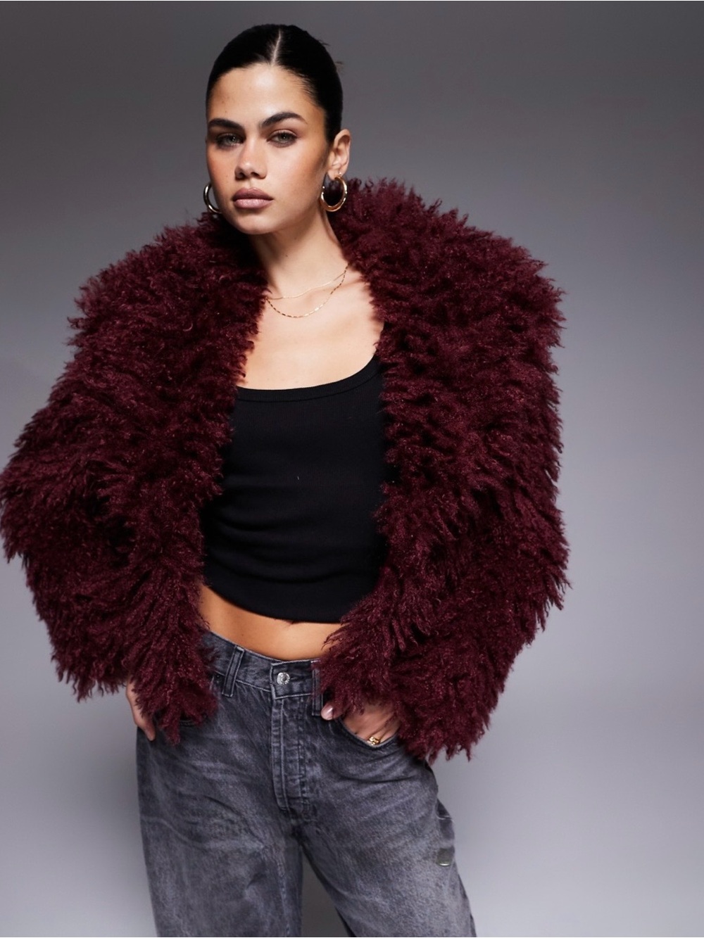 L’Agence Aura Crop Faux Fur Coat Shearling Shag Jacket - Burgundy size 8